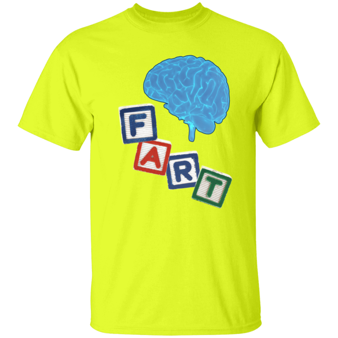 Brain Fart T-Shirt - 100% USA Cotton, Crewneck Tee with Blue Glowing Brain & Children's Blocks Design